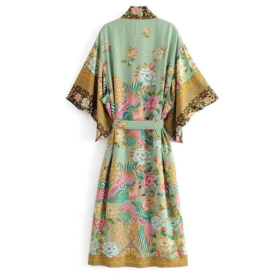 Load image into Gallery viewer, GREEN ORIENTAL FLORAL PRINT KIMONO BLOUSE
